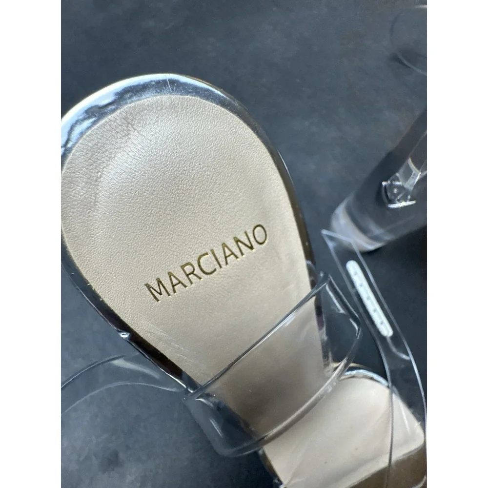 Marciano Clear‎ Strap Heels Square Toe Silver Metallic Nude Mules 8.5 38.5